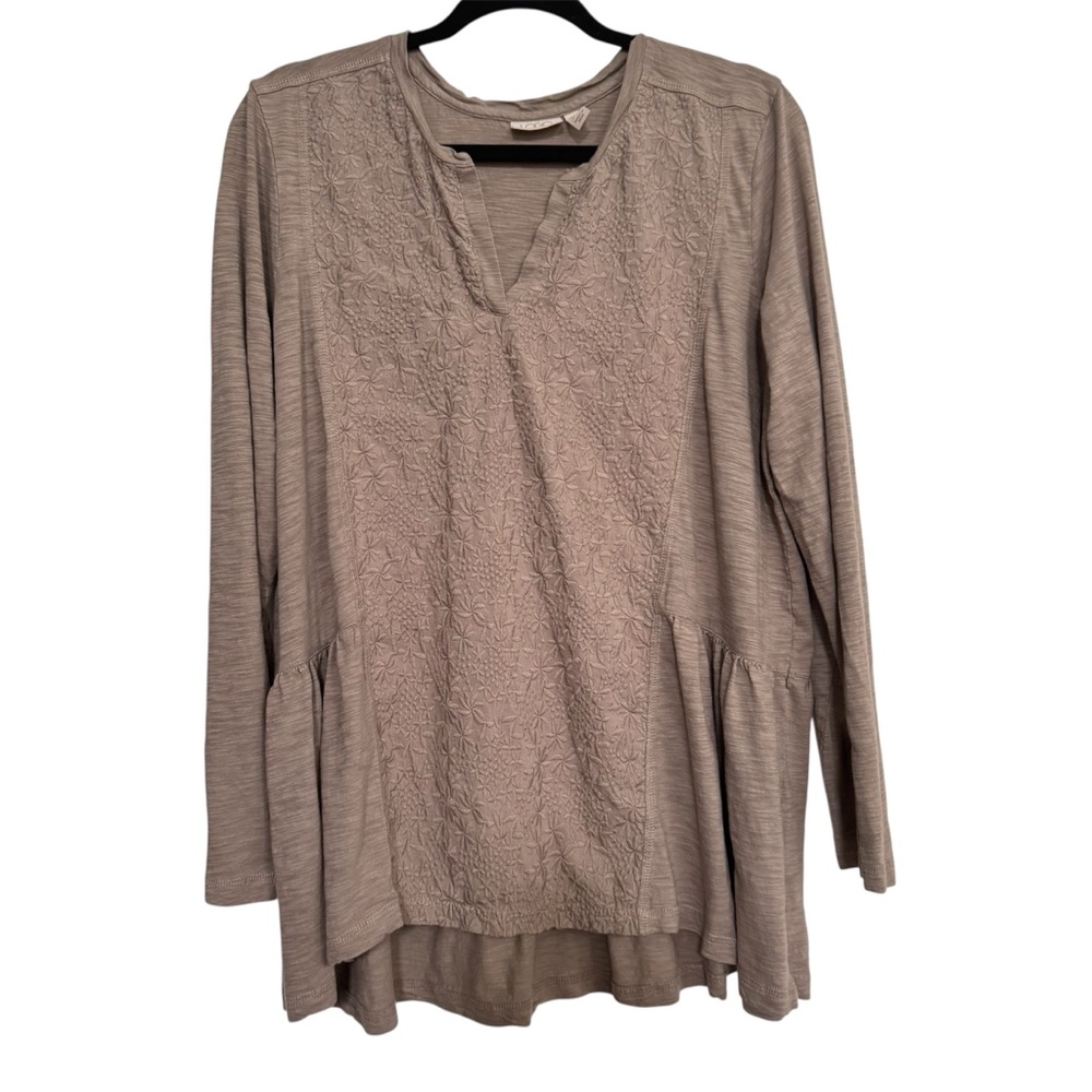 LOGO By Lori Goldstein Long Sleeve Top Embroidered Size L Toupe Split Neck